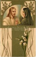 1922 Szecessziós üdvözlőlap Jézussal és Máriával / Art Nouveau greeting with Jesus and Mary. litho (Rb)