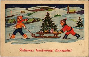 1941 Kellemes Karácsonyi Ünnepeket, szánkózó gyerekek / Christmas greeting, sledding children