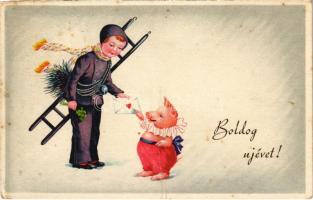1943 Boldog újévet! Kéményseprő és kismalac / New Year greeting, chimney sweeper and pig (fa)