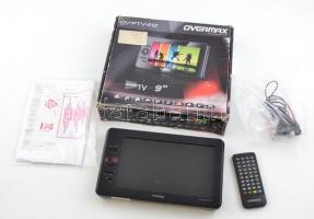 Overmax 9" (23 cm) képátlójú hordozható LCD TV, tartozékaival, eredeti, sérült dobozában, működik, típus: OV-PTV-212