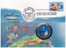 Palau 1994. 1$ Cu-Ni Tengeri élet védelme - Neptun és sellő multicolor, érmés borítékban, első napi bélyegzéses bélyeggel T:PP  Palau 1994. 1 Dollar Cu-Ni Marine Life Protection - Neptune and mermaid multicolor, in coin envelope with first day of issue stamp and cancellation C:PP Krause KM#8