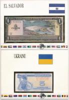 El Salvador 1982. 1C + Ukrajna 1991. 5K, mindkettő bankjegyes borítékban T:I El Salvador 1982. 1 Colon + Ukraine 1991. 5 5 Karbovanets, both in banknote envelope C:UNC