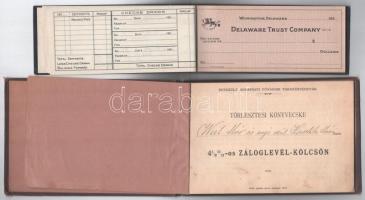 1896. "Egyesült Budapesti Fővárosi Takarékpénztár törlesztési könyvecske 4 1/2%-os záloglevélkölcsön után" félig kitöltve + Amerikai Egyesült Államok 1926. "Delaware Trust Company" csekk könyv, nagyrészt kitöltetlen. Használt, de jó állapotban