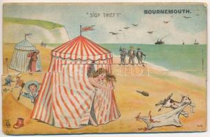 Bournemouth & Boscombe. Stop Thief! The Milton-View-Novelty - Humorous litho folding postcard, leporello with 12 views (restored with tears)