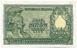 Olaszország 1951. 50L "3291 084732" T:III szép papír Italy 1951. 50 Lire "3291 084732" C:F fine paper Krause P#91