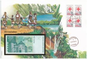 Horvátország 1993. 5K felbélyegzett borítékban, bélyegzéssel T:I  Croatia 1993. 5 Kuna in envelope with stamp and cancellation C:UNC