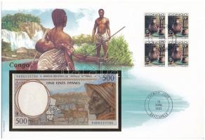 Közép-Afrika / Kongó bankjegyes pecsételt és bélyeges boríték benne Kamerun 1993-2002. 500Fr T:I  Central Africa / Congo sealed envelope with stamp and cancellation, in it Cameroon 1993-2002. 500 Francs C:UNC