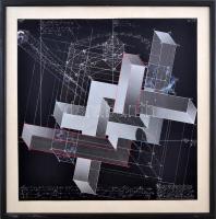 Jelzés nélkül: Geometriai kompozíció II. Ofszet, papír, lapra kasírozva, keretben, apró sérüléssel, 40x40 cm