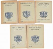 5 db általános iskolai tankönyv (V. osztály): Történelmi olvasmányok; Magyar könyv; Föld- és néprajz; Természetrajz; Számolás és mérés. Az V. osztály számára. Bp., 1947, Vallás- és Közoktatásúgyi Miniszter. Kiadói papírkötés, a borítókon néhány kis sérüléssel.