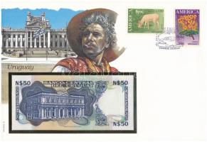 Uruguay 1989. 50P borítékban, alkalmi bélyeggel és bélyegzéssel T:I  Uruguay 1989. 50 Pesos in envelope with stamps and cancellations C:UNC