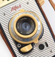 cca 1965 WZFO Alfa-2 fényképezőgép, Emitar 45 mm f/4,5 objektívvel, eredeti, kissé kopott bőr tokjáb...