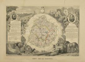 cca 1850 Départment du Sarthe (Franciaország) megye térképe, Atlas National Illustre, nagy beszakadással, 42x28 cm. / cca 1850 Map of Départment du Sarthe (France), Atlas National Illustre, with tear 42x28 cm