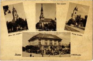 Losonc, Lucenec; Római katolikus, evangélikus és református templom, IMCA épület / churches, automobiles (fa)