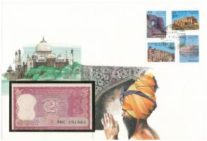 India DN (1985-1990) 2R felbélyegzett borítékban, bélyegzéssel T:I,I- tűzőgép ly. India ND (1985-1990) 2 Rupees in envelope with stamp and cancellation C:UNC,AU stapler holes
