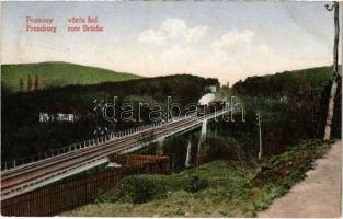 1915 Pozsony, Pressburg, Bratislava; Vörös híd, Vöröshíd gőzmozdony, vonat / Rothe Brücke / Zelezná Studienka, railway bridge, locomotive, train