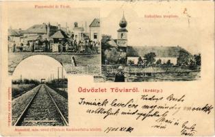 1901 Tövis, Teius; Piac, Fő út, Katolikus templom, Maroshíd, MÁV vasúti vonal Tövis és Karácsonfalva (Homoródkarácsonyfalva) között, dohány és bélyeg üzlet. Szabolcs Endre kiadása / market, main street, church, Mures river bridge, railway line between Teius and Craciunel, tobacco and stamp shop