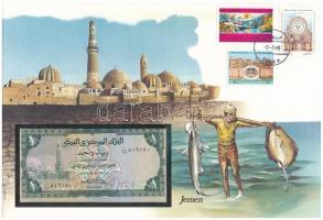Jemen 1976. 1R borítékban, alkalmi bélyeggel és bélyegzéssel T:I  Yemen 1976. 1 Rial in envelope with stamps and cancellations C:UNC