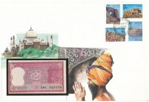 India DN (1985-1990) 2R felbélyegzett borítékban, bélyegzéssel T:I,I- tűzőgép ly. India ND (1985-1990) 2 Rupees in envelope with stamp and cancellation C:UNC,AU stapler holes