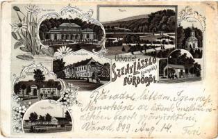 1899 (Vorläufer) Püspökfürdő, Szentlászlófürdő, Baile 1 Mai; fürdő épület, indóház, vasútállomás, park, Lőrinc fürdő, Népszálló. Sonnenfeld Adolf kiadása / spa, railway station, park, hotel. Art Nouveau, floral, litho (kopott sarkak / worn corners)