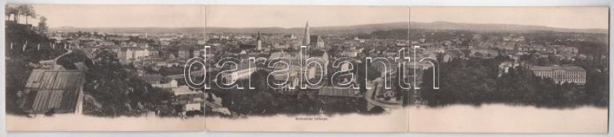 Kolozsvár, Cluj; Három részes kinyitható panorámalap. Schuster Emil kiadása / 3-tiled folding panoramacard (hajtásnál szakadt / bent til broken)