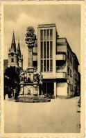 Komárom, Komárnó; Szentháromság szobor, Szent András templom, üzlet / Trinity statue, church, shops