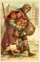 A cserkész ahol tud, segít. Cserkész levelezőlapok kiadóhivatal / Hungarian scout boy art postcard s: Márton L.