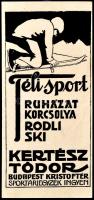 cca 1920-1930 Kertész Tódor Bp., téli sport, ruházat, korcsolya, rodli, ski számolócédula, jó állapotban