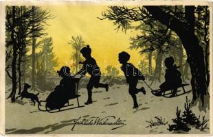 1923 Karácsony. Szánkózó sziluettek / Fröhliche Weihnachten / Christmas, sledding silhouettes. HWB Ser. 2142. (Rb)