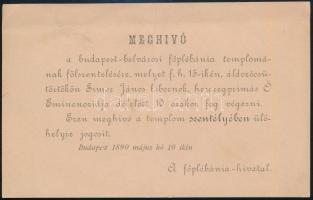 1890 Bp., Meghívó a budapest-belvárosi főplébánia templomának fölszentelésére, közepén törésnyommal