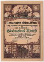 Németország / Weimari Köztársaság / Hamburg. "Északnémet Egyesült Művek Hajó-, Gép- és Vagongyár Részvénytársaság" részvény 1000M-ról bélyegzéssekkel T:III- középen a hajtásnál hosszan beszakadva, jobb felső saroknál szakadás, több kisebb helyen restaurálva Germany / Weimar Republic / Hamburg 1921. "Norddeutsche Union-Werke Werft, Maschinen- u. Waggonbau-Aktiengesellschaft" share about 1000 Marks with cancellations C:VG torn long in the middle at the fold, tear on the upper right corner, restored in several smaller places