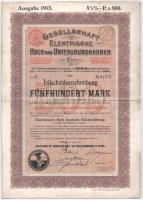 Német Birodalom / Berlin 1913. "Elektromos Emelt és Földalatti Vasút Társaság" rész-jelzálogkötvény 1000M-ról szelvényekkel, bélyegzésekkel T:III tűlyukak German Empire / Berlin 1913. "Gesellschaft für elektrische Hoch- und Untergrundbahnen in Berlin" part debenture bond about 500 Mark with coupons and cancellations C:F needle holes