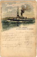 1904 SMS Budapest den Central-Kriegshafen Pola verlassend. K.u.K. Kriegsmarine art postcard. A. Reinhards Verlag Fiume s: R. Hochberg (EK)