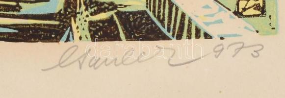 Csavlek András (1942-): Füredi móló, 1973. Színes linómetszet, papír, jelzett. Paszpartuban. Lapszél...