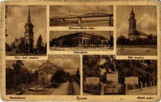 1943 Gyoma, Római katolikus és református templom, vasútállomás, Hősök szobra, községháza, Hármas Körös hídja (EK)