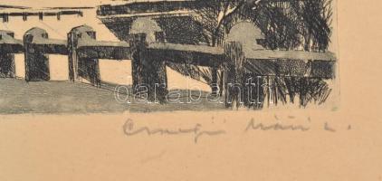 Csurgói Máté Lajos (1931-2001): Tél Budán. Rézkarc, papír, jelzett, szélein kissé foltos, kartonra k...