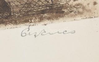 Ősz Dénes (1915-1980): Udvar. Rézkarc, papír, jelzett, kissé sérült (törésnyomokkal) 30×39,5 cm