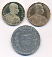 Vegyes: Thaiföld DN V. Ráma király aranyozott Br és Br emlékérem pár (25mm) + Svájc 1985. 5Fr Cu-Ni T:2,1- (PP) Mixed: Thailand ND Rama V gilt Br és Br commemorative medallion pair (25mm) + Switzerland 1985. 5 Francs Cu-Ni C:XF,AU (PP)
