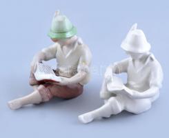 Kőbányai (fehér mázas, minimális lepattanás a könyvön) és Kispesti Porcelán Gyár porcelán könyvet olvasó fiú, kézzel festett, jelzett, hibátlan, 9 cm