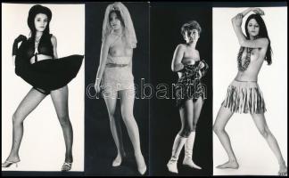 cca 1975 előtti ,,Női villantások, szolidan erotikus felvételek, 4 db vintage fotó, jelzés nélkül, ezüst zselatinos fotópapíron, 17,5x9 cm és 17,6x6,5 cm között
