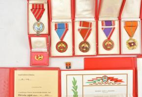 10db klf szocialista kitüntetés, jelvény egy kivétellel eredeti tokokban, adományozói és viselési ig...