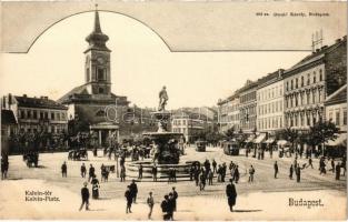 Budapest IX. Kálvin tér, templom, villamosok, szökőkút, Korinek A.H. üzlete. Divald Károly 405. (fl)