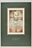 1997 Kass János grafikáinak reprodukcióival illusztrált nagyméretű falinaptár, Medicina Art Galéria kiadása, jó állapotban, 49,5x33,5 cm