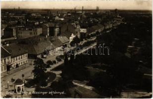 1935 Győr, Látkép a Bissinger sétánnyal, Weisz Soma üzlete, háttérben gyárak és víztorony