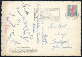 1961 Az MTK labdarúgócsapat tagjainak autográf aláírással ellátott képeslapja, Sipos, Jenei Szimcsák, MOlnár, és mások / Autograph signed postcard of the MTK Hungarian football team