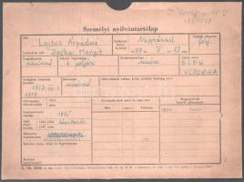 1960 Dajka Margit (1907-1986) színművésznő személyi nyilvántartó kartonjának anyaga. Benne: aláírt ö...