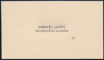 cca 1958 Dinnyés Lajos (1901-1961) országgyűlés alelnöke, korábbi miniszterelnök (1947-1948) névjegykártyája