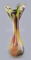 Retró színes üveg váza, kopásokkal, m: 23,5 cm