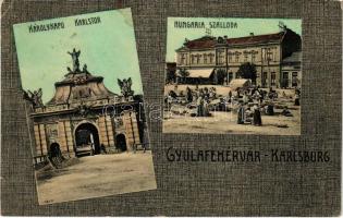 1912 Gyulafehérvár, Karlsburg, Alba Iulia; Károlykapu, Hungaria szálloda, piac. Kaufmann H. kiadása / castle gate, hotel, market (EK)