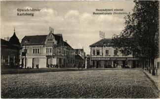 Gyulafehérvár, Karlsburg, Alba Iulia; Hunyadi tér, Tamás István, Székely József, Rosner Rezső és Kelen Henrik üzlete. Schäser F. kiadása / square, shops