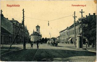 1910 Nagykikinda, Kikinda; Koronaherceg út, templom, üzletek, lovaskocsi. W.L. Bp. 2124. / street, church, shops (EK)